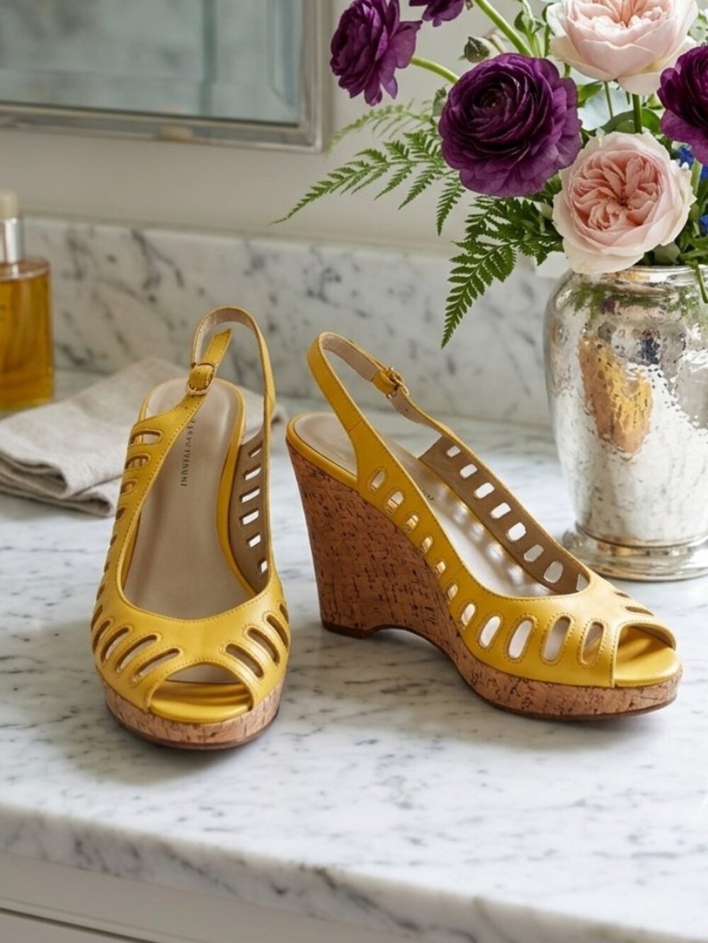 Roberto Vianni Mustard Yellow Laser Cut Leather Cork Wedge Sandals - Size 7.5